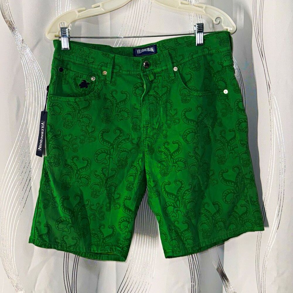 Vilebrequin Men’s Green Paisley Denim Shorts Cotton 5-Pocket Turtle Logo